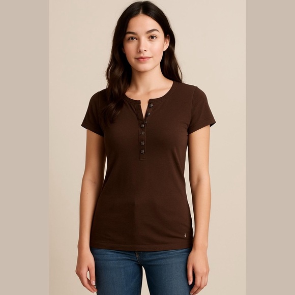 American Eagle Outfitters Tops - American Eagle Brown Henley Tee Top Size Medium Satin Finish down Buttons NWOT